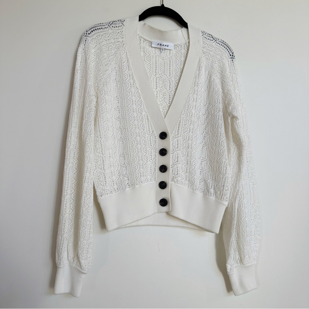 FRAME white crochet knit cardigan sweater size xs